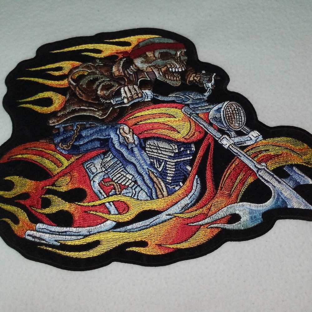 Skeleton Biker Motorcycle Flames Large Patch New 12" Long 8 3/4" Tall
